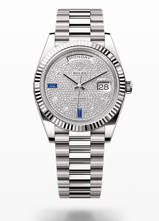 Rolex Day-Date - Paved with diamonds and sapphires - White gold Rolex Day-Date Diamond