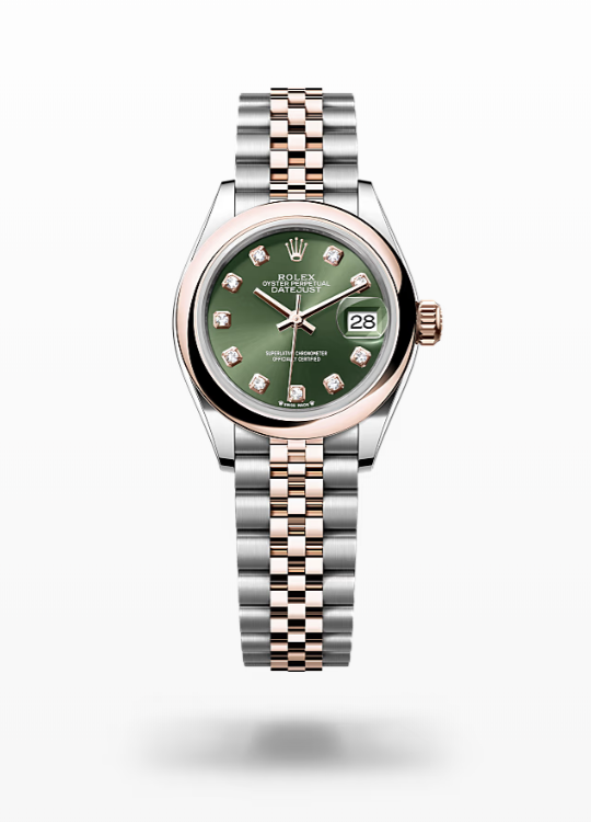 Rolex Lady-Datejust - Olive green set with diamonds, oystersteel and Everose gold, dial-jubilee Rolex Lady-Datejust Everose Gold Diamond