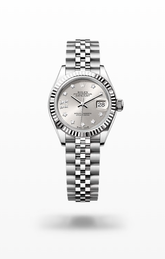 Rolex Lady-Datejust - Silver set with diamonds, fluted Rolex Lady-Datejust